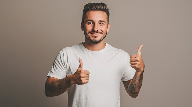 A man in a white t-shirt gives a thumbs-up gesture, smiling and showing two thumbs up against a plain, neutral background.