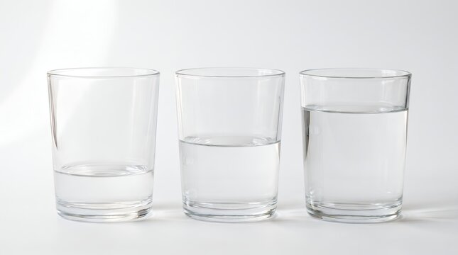 Three clear glasses with varying water levels on a pristine white background, illustrating volume differences.