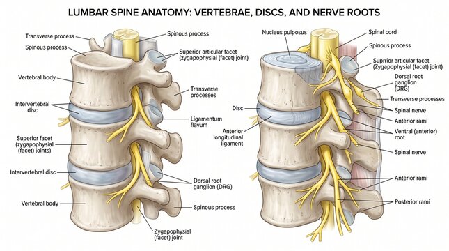 Detailed Medical Illustration of Lumbar Spine Anatomy Showing Vertebrae, Intervertebral Discs, and Spinal Nerve Roots with Labels