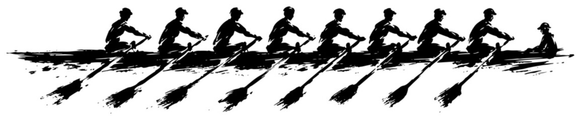 Rowing team crew in boat with oars during race in minimalist brush style © InsomniaVideo