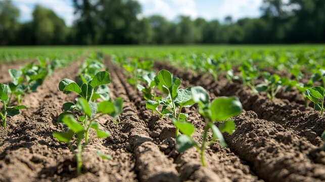 Vibrant green soybean crop rows growing in a fertile field under a bright sunny sky, showcasing agricultural abundance and healthy growth.