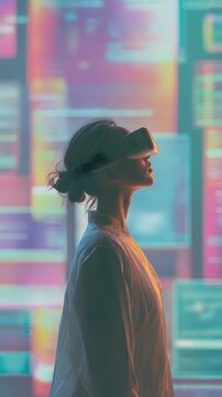 A woman wearing a virtual reality headset looks skyward against a background of brilliant, multicolored computer panels.