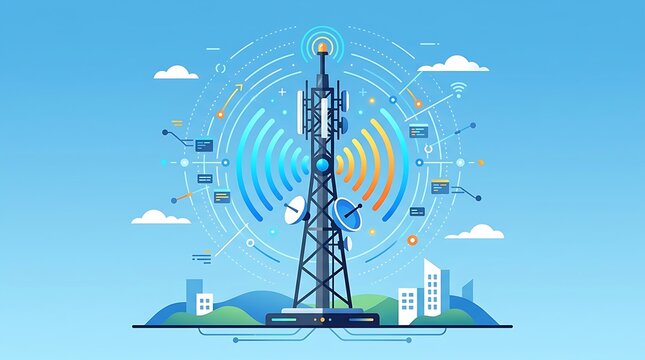 Wireless network tower transmitting data signals in a digital sky