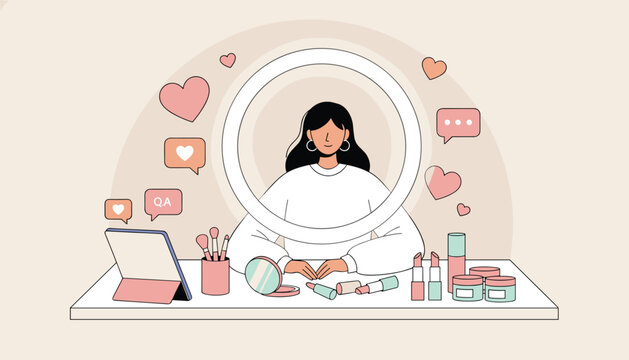 Young female beauty influencer streaming live and recording a makeup tutorial from her aesthetic vanity desk with ring light.