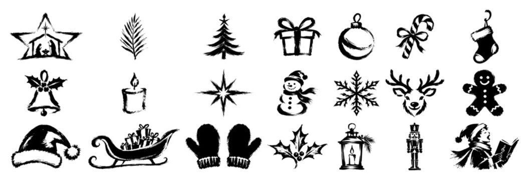Christmas and winter icons set with reindeer snowman and holiday ornaments in black ink brush style