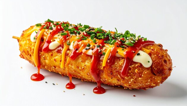 Crispy Korean corn dog coated with potatoes and mozzarella cheese on a white background with generous copy space, realistic street food photography

