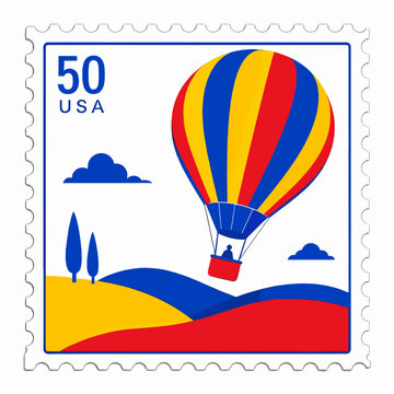 Colorful Hot Air Balloon Ride over Stylized Landscape Stamp Design