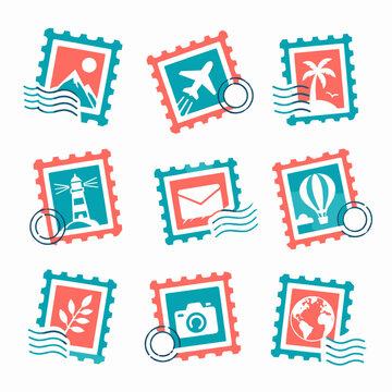 Travel Icons Pack Stamps Featuring Mountains Plane Palm Tree Lighthouse Mail Hot Air Balloon