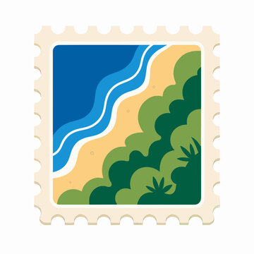 Beach Scenic Flat Design Stamp Illustration