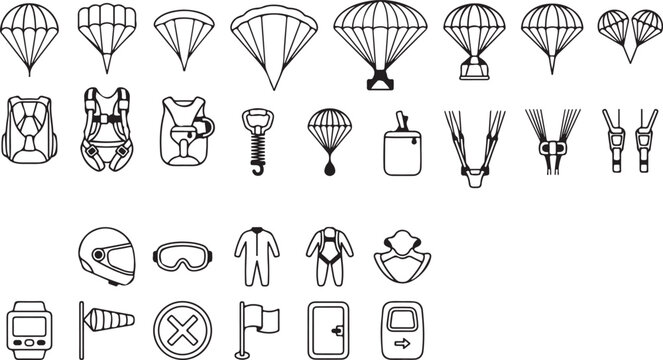 Parachuting skydiving icon set line art black and white
