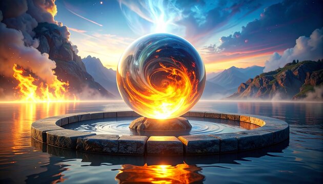 Floating energy orb with fire and water elements in mystical landscape. Glowing magical sphere balancing opposing forces at dusk.