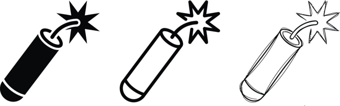 Set of three dynamite icons in solid outline hand-drawn sketch styles representing explosion or danger explosive device