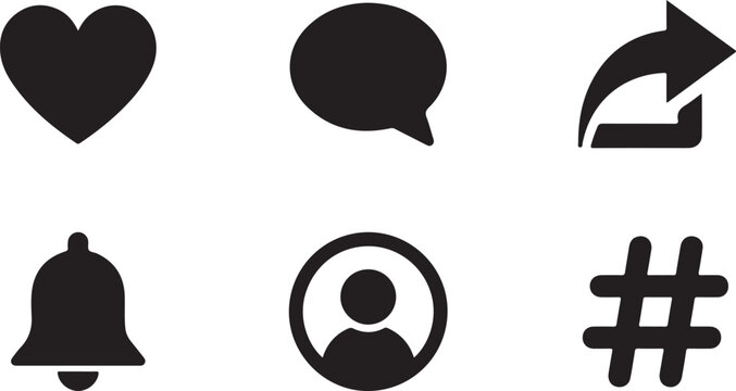 Black social media icons set with heart speech bubble bell hashtag