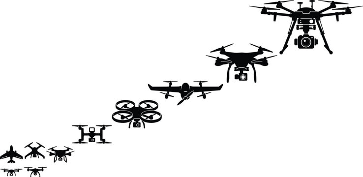 Hand drawn black ink drone evolution elements set featuring sketchy quadcopter uav flying copters technology icons and plane doodles.eps