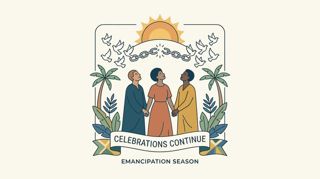 Emancipation Day celebration illustration. Freedom concept with people and broken chains.