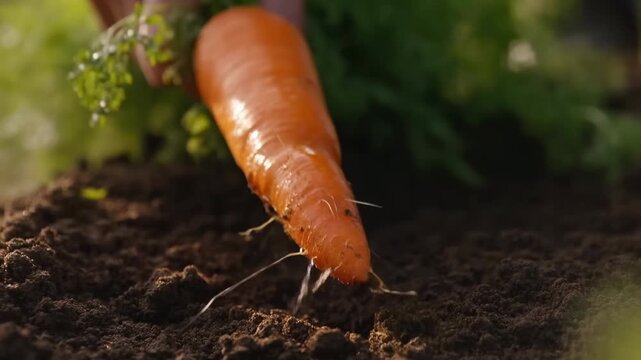 Hand lifting freshly pulled carrot from dark garden soil in close view harvest scene with warm directional light, shallow depth of field, fine roots, crumbly earth, and natural earthy textures