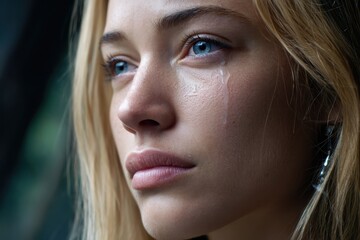 Fototapeta premium Emotional close-up of a woman with tears gently rolling down her cheek in soft natural lighting