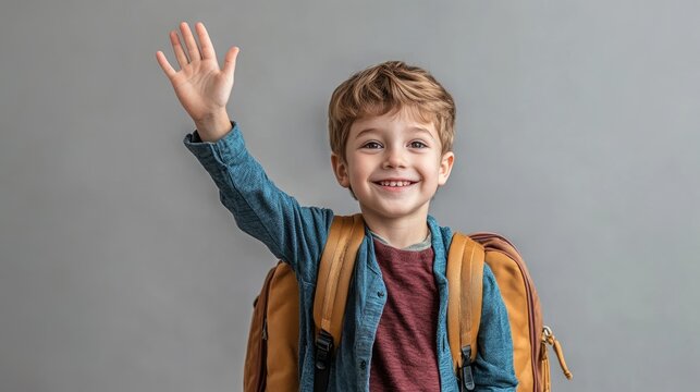 A young boy waving his hand, smiling, and wearing a blue jacket and a maroon shirt with a yellow backpack.