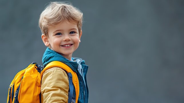 A young boy with blonde hair, smiling and wearing a yellow backpack with blue accents, standing against