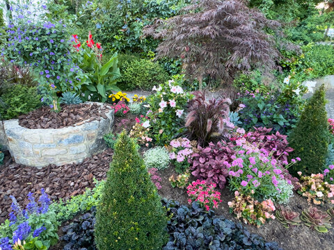 Beautiful Rock Garden with Colorful Plants and Flowers in Botanical Garden &ndash; Natural Landscape Design
