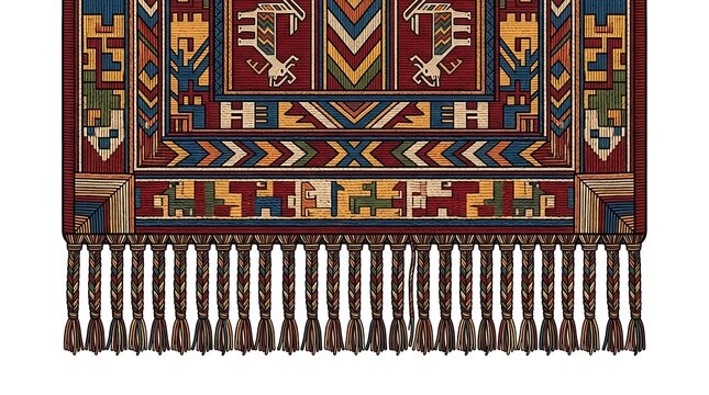 Traditional andean woven textile with geometric patterns and fringe