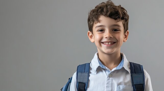 A young boy with curly brown hair stands against a plain gray background, smiling and wearing