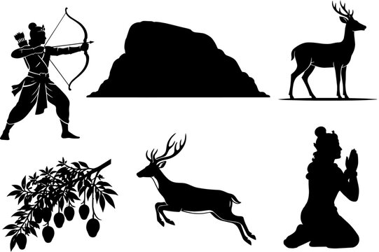 Sri Lankan Poson Festival Silhouette Element Set. with King Devanampiyatissa, Arahat Mahinda, Deer, Mango Tree Branch and Mihintale Rock