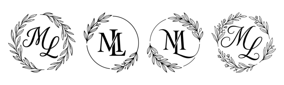 ML Monogram Set with Elegant Botanical Wreath and Floral Initial Letters Vector