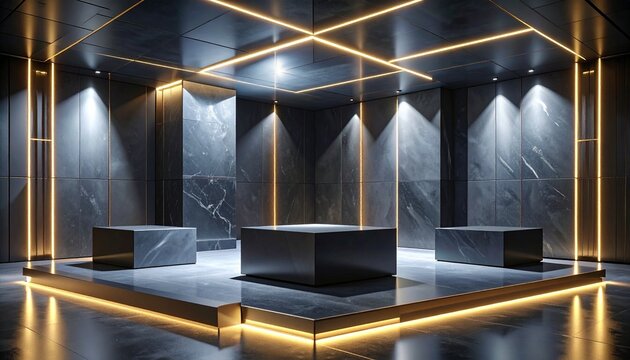 Modern luxury exhibition booth with polished black marble display. High-end retail showroom featuring sleek obsidian architectural elements and gol...