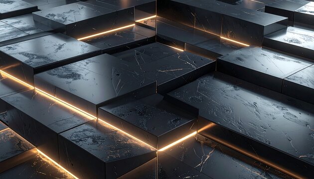 Modern luxury exhibition backdrop of polished obsidian blocks with glowing edges. Sleek architectural display for high-end retail and corporate bra...