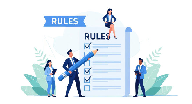 four diverse business professionals in flat vector style; male in navy suit marks final compliance item on oversized 'rules' checklist with huge pencil; transparent background. concept of corporate