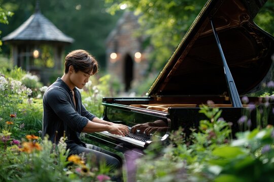 Musician performs on grand piano in vibrant garden during golden hour