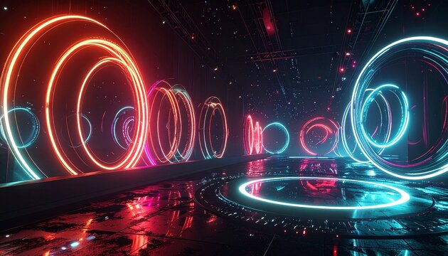 Vibrant music festival stage with glowing circular diffraction lights. Abstract neon concert background for electronic dance events.