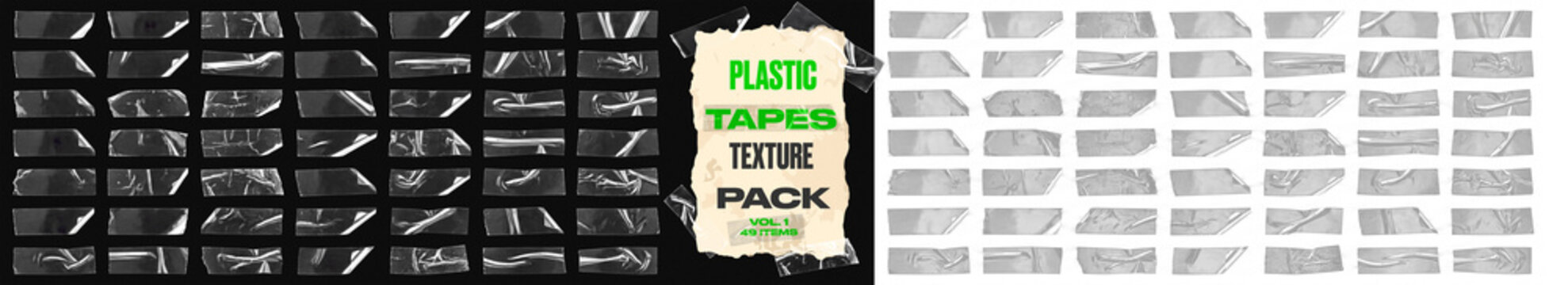 Clear adhesive plastic tape strip collection, realistic transparent scotch tape textures with wrinkles and folds. High quality adhesive tape overlays for scrapbooking, photo collage