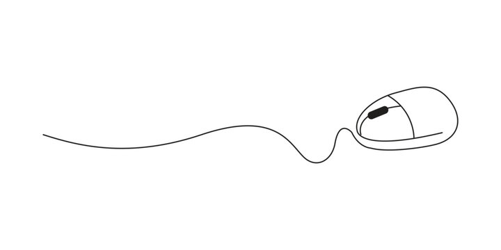 A minimalist black line drawing of a computer mouse with a trailing wire on a white background. Ideal for minimalist website headers or technology blog graphics.