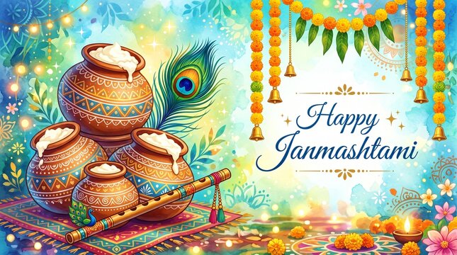 Illustration for happy janmashtami with butter pots flute peacock feather and marigold garland