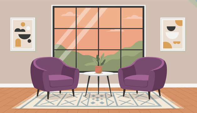 Modern living room interior featuring two purple armchairs, a coffee table, a large window with mountain sunset views, and wall art.