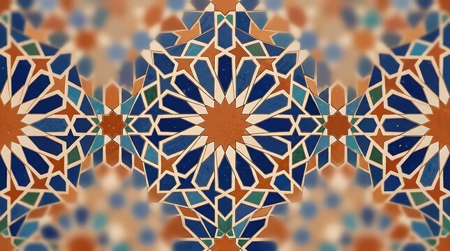 Symmetrical blue and orange islamic geometric tile pattern