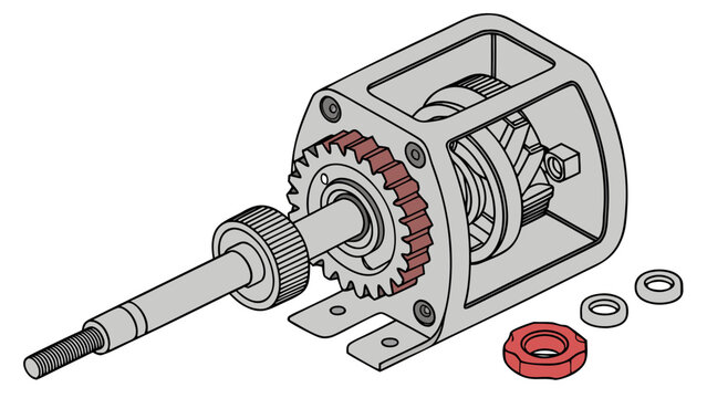 Close-up view of a mechanical gear assembly with a threaded rod and washers