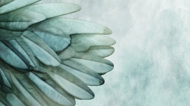 Close-up of a detailed, textured bird wing with layered feathers against a soft, muted blue-gray background, green butterfly background