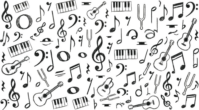 Hand drawn classical music line art elements set featuring notes treble clefs guitars piano keys and tuning forks.eps