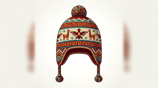 Traditional andean knitted chullo hat with llama and bird patterns