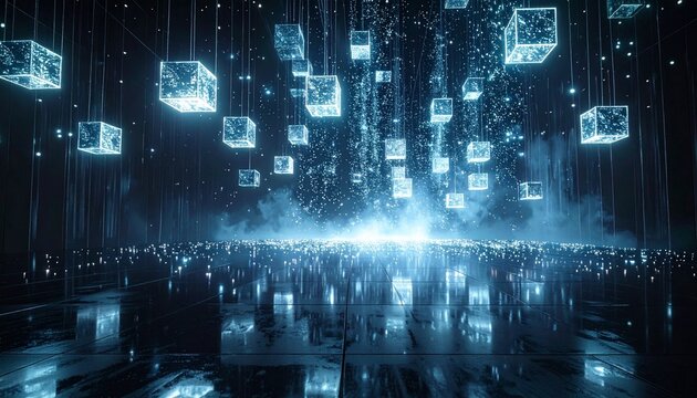 Modern concert stage with floating light cubes and crowd. Futuristic music event background featuring illuminated geometric shapes and audience sil...