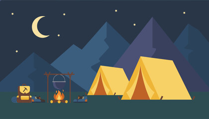 Fototapeta premium Night camping scene with two yellow tents, campfire with a cooking pot, mountains, crescent moon, and stars.