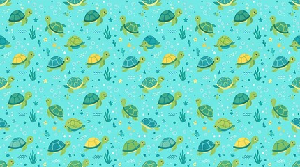 Cartoon underwater pattern with colorful swimming turtles