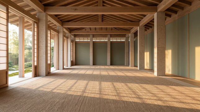 Zen meditation room interior with minimalist wooden architecture and natural