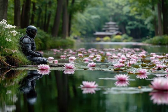Mysterious figure meditating by serene pond surrounded by pink lotus flowers