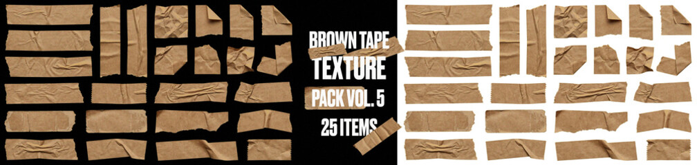 Brown paper tape texture set with wrinkled adhesive strips, torn edges, and folded corners....