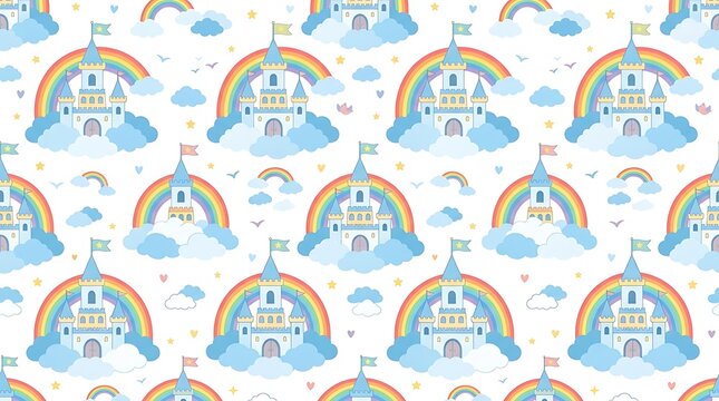 Seamless pattern with fairytale castles clouds and rainbows