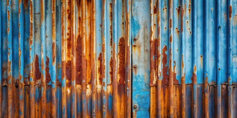 Obraz premium Striking Texture of Rusted and Weathered Corrugated Metal Sheet with Vivid Blue and Orange Hues, Ideal for Design and Background Applications